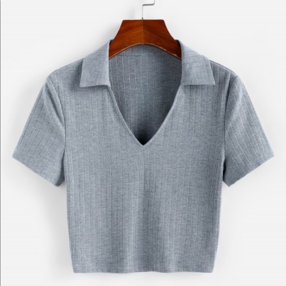 Zaful Grey Ribbed Collared T-shirt - Picture 1 of 4